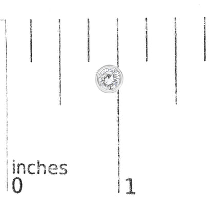 Close-up front view of a single white metal earring with a round white gemstone in a bezel setting, shown on a scale.