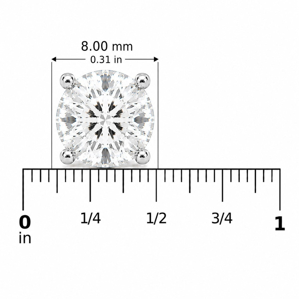 Close-up front view of a white metal round-shaped earring with a white gemstone in a 4-prong setting, shown on a scale measuring 8.00 mm in diameter.