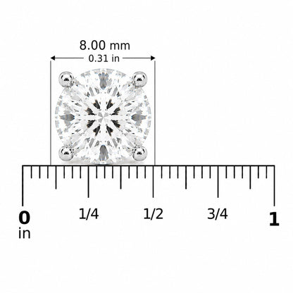 Close-up front view of a white metal round-shaped earring with a white gemstone in a 4-prong setting, shown on a scale measuring 8.00 mm in diameter.
