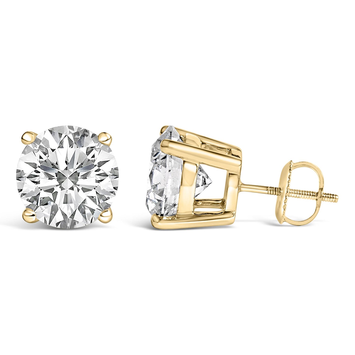 Pair of yellow metal stud earrings with round white gemstones in four-prong settings, shown from front and side angles against a white background.