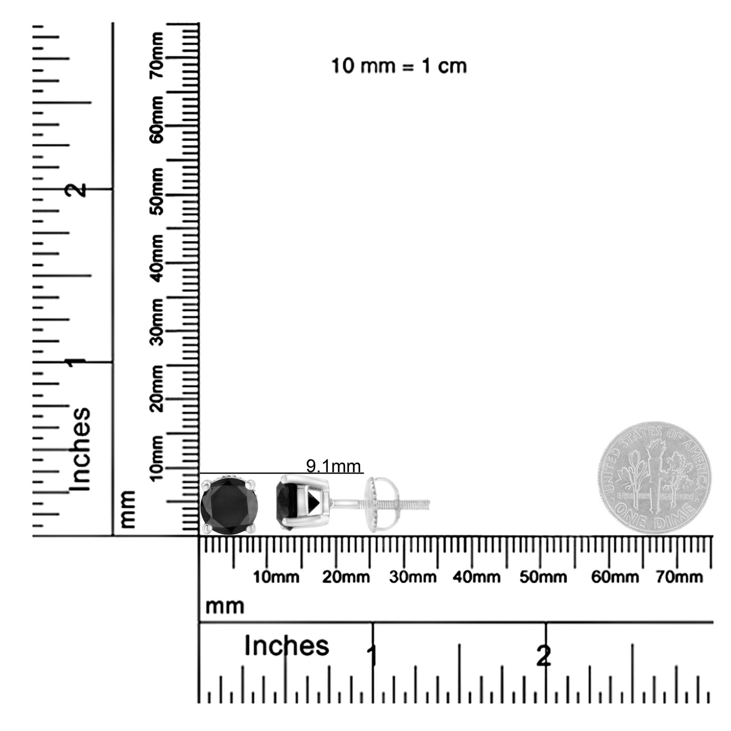White metal stud earrings with round black gemstones in prong settings, shown from front and side angles on a ruler for size reference.