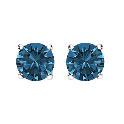 Close-up front view of a pair of white metal stud earrings each featuring a round blue gemstone set in a four-prong setting.