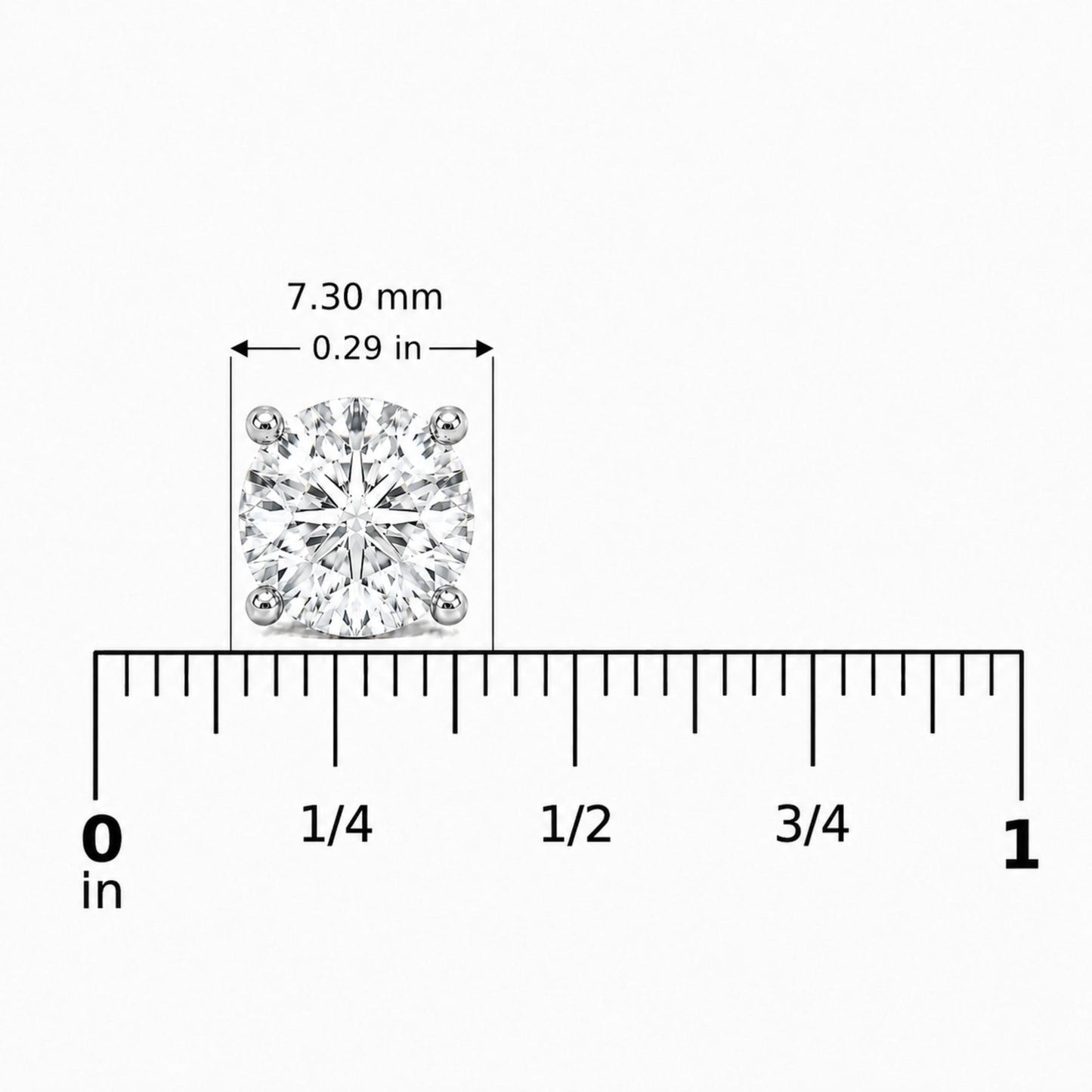 Close-up image of a round-shaped white gemstone earring with a four-prong setting in white metal, shown on a measuring scale from the front angle.