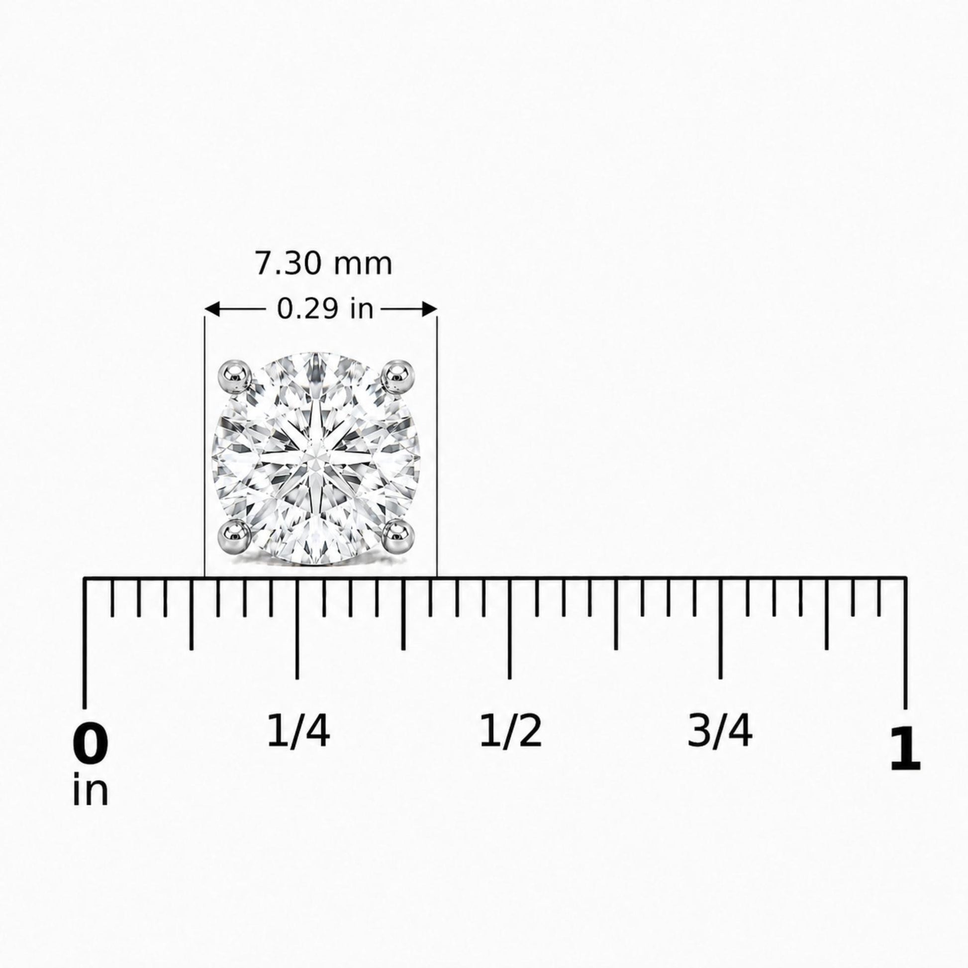 Close-up image of a round-shaped white gemstone earring with a four-prong setting in white metal, shown on a measuring scale from the front angle.