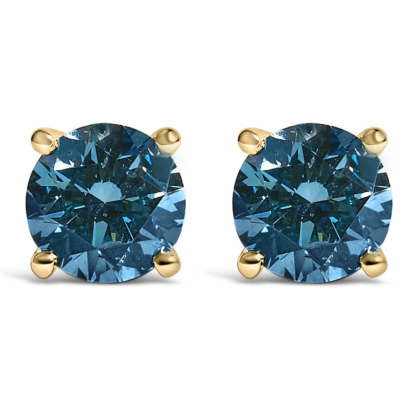Front view of yellow metal stud earrings each featuring a round blue gemstone in a four-prong setting.
