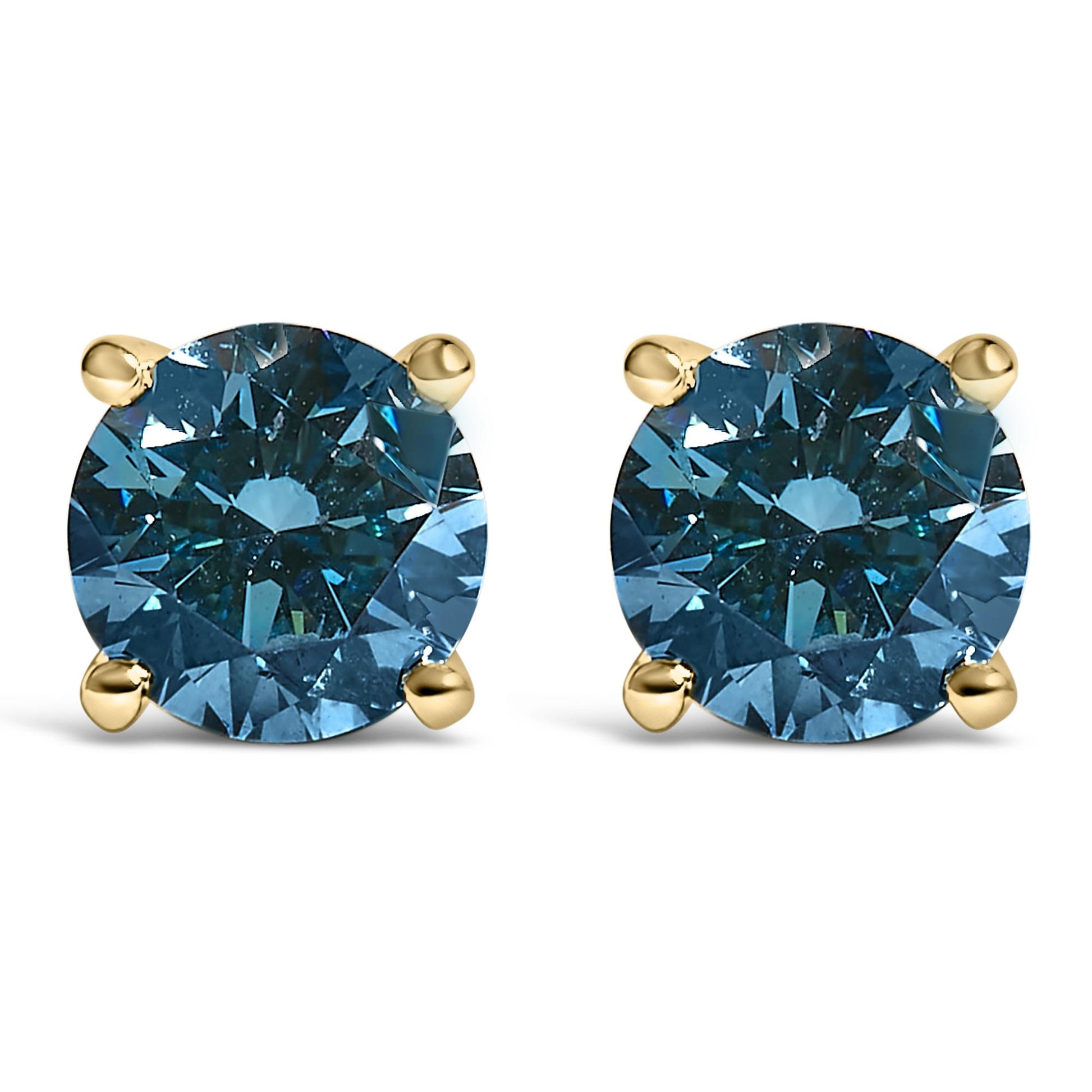 Front view of yellow metal stud earrings each featuring a round blue gemstone in a four-prong setting.