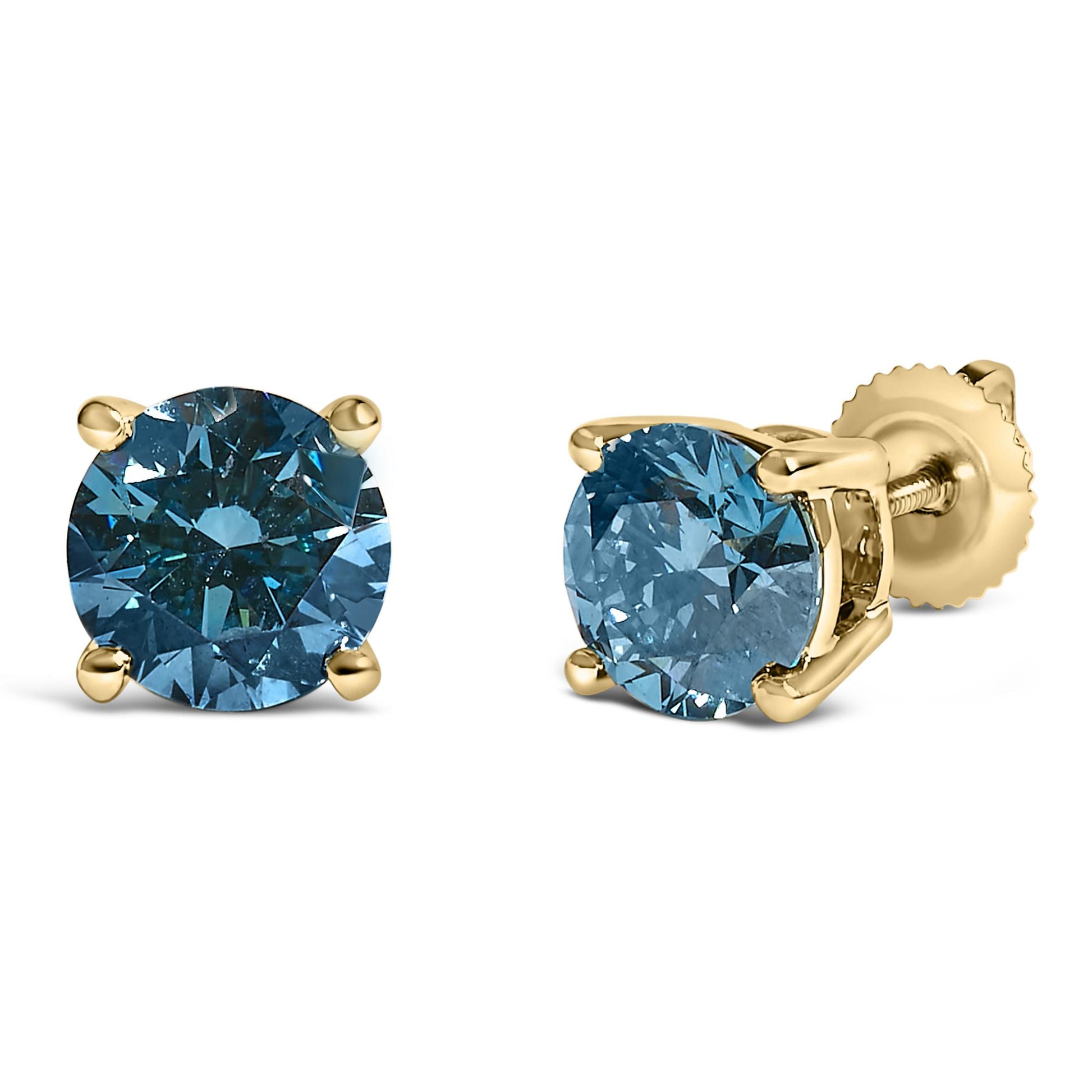 Close-up front and angled side view of yellow metal stud earrings with round blue gemstones in 4-prong settings.