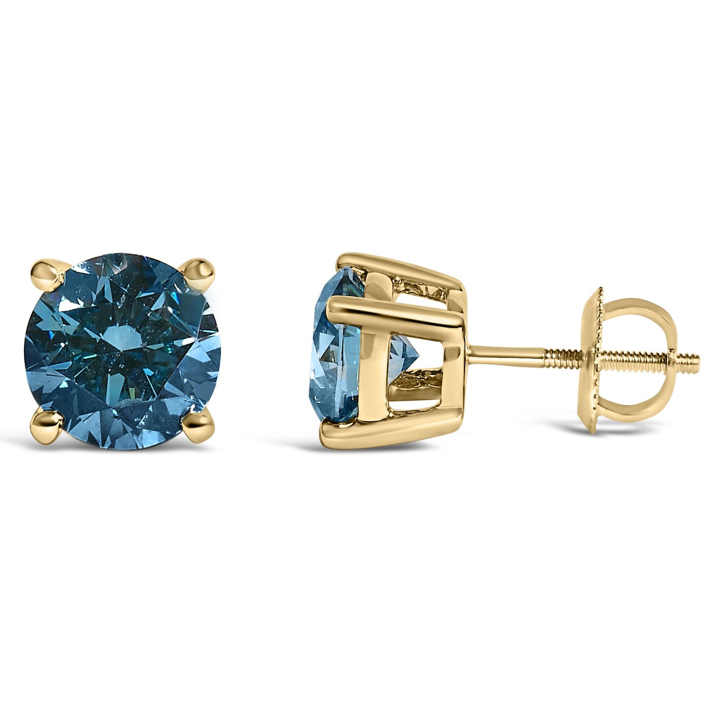 Pair of yellow metal stud earrings with round blue gemstones in four-prong settings, front and side views, isolated on white background.