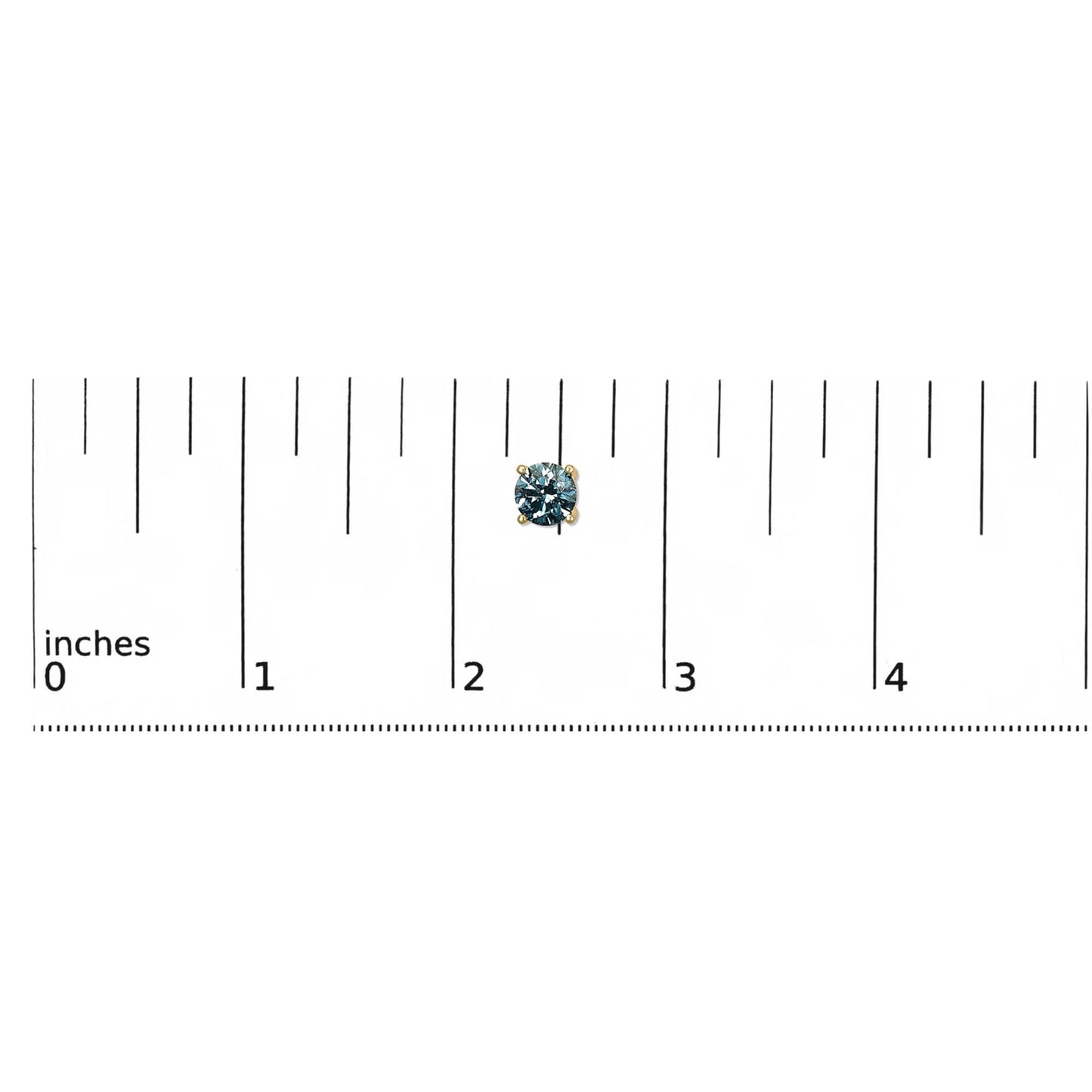 Yellow metal round-shaped blue gemstone stud earring in 4-prong setting shown on a ruler for size reference, front-facing angle.
