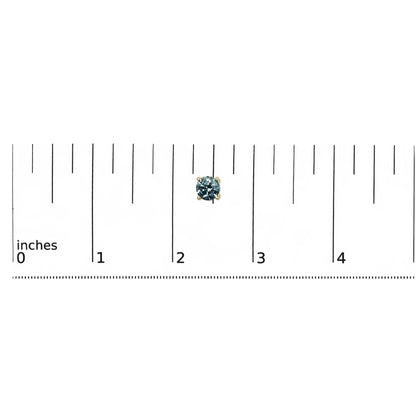 Yellow metal round-shaped blue gemstone stud earring in 4-prong setting shown on a ruler for size reference, front-facing angle.