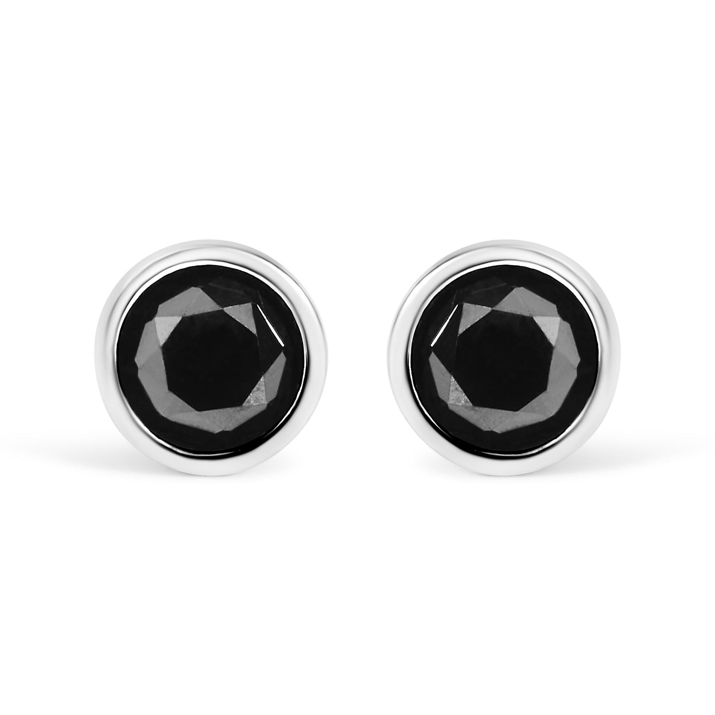Front view of white metal stud earrings with round black gemstones in bezel settings.