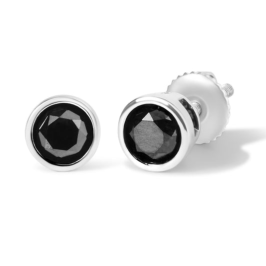 Close-up front and side angle of white metal stud earrings with round black gemstones in bezel settings.
