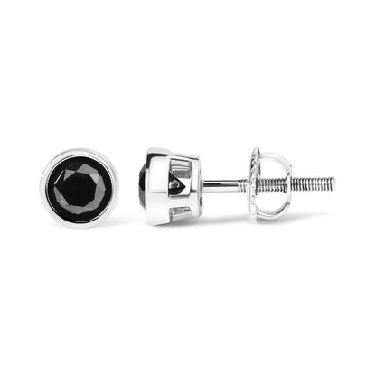 Pair of white metal stud earrings with round black gemstones in bezel settings, shown from front and side angles on a white background.