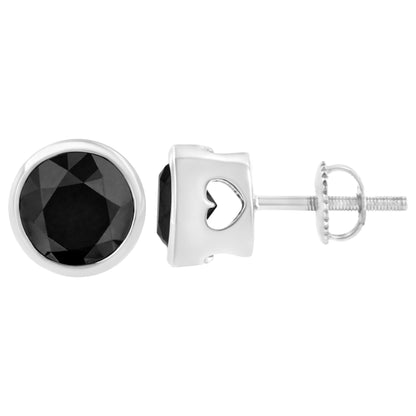 Pair of white metal stud earrings with round black gemstones in bezel settings, shown from front and side angles.