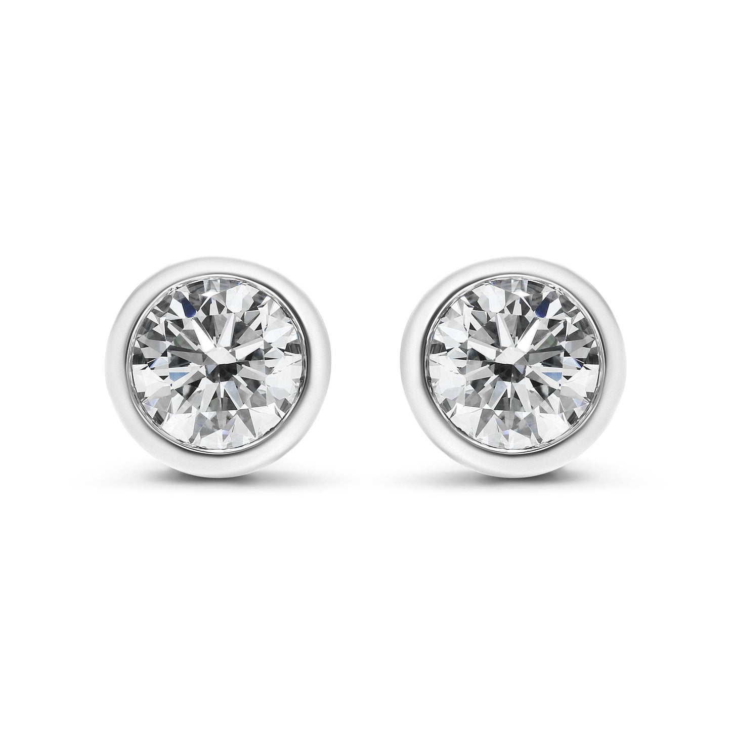 Front view of white metal round bezel-set white gemstone stud earrings.