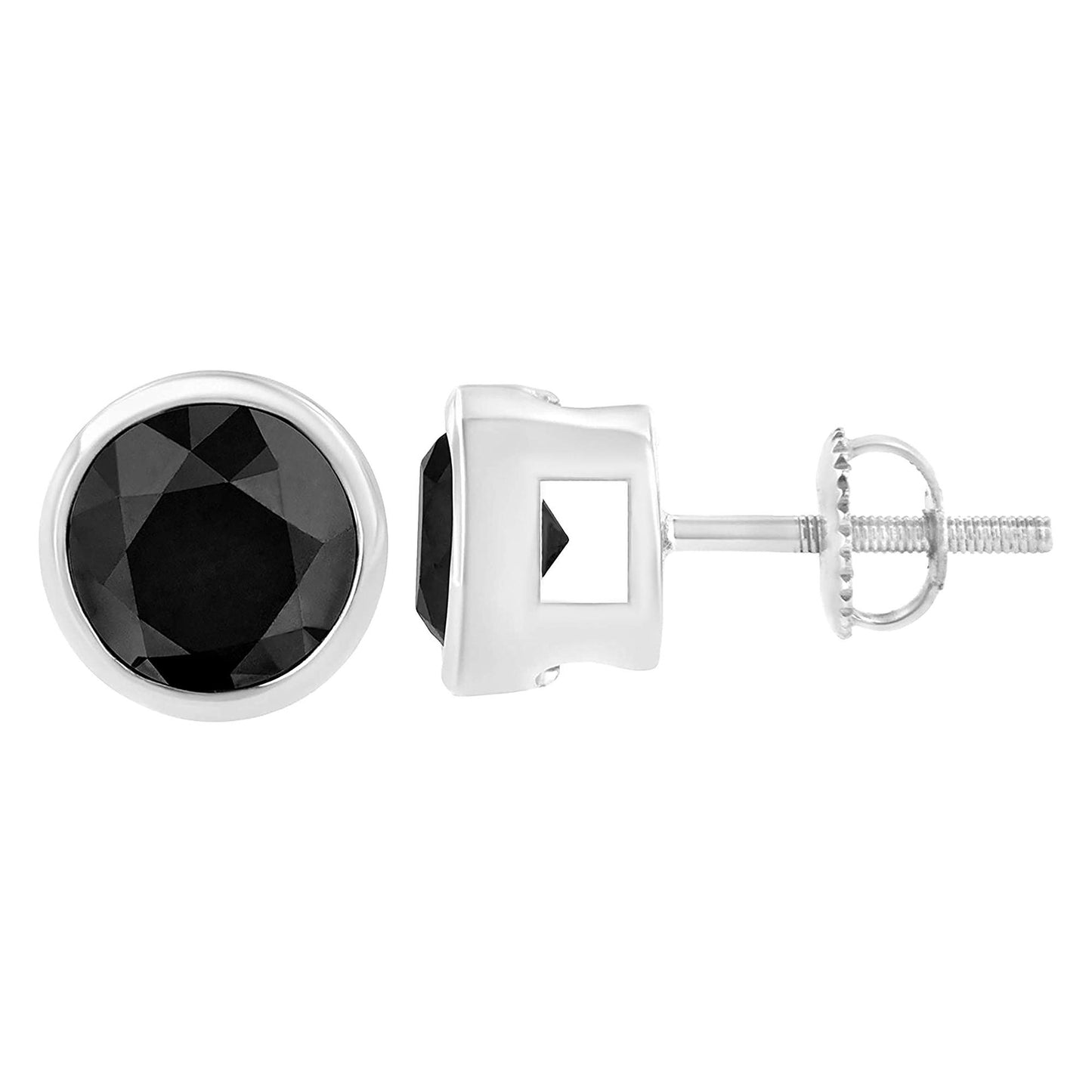 Pair of white metal stud earrings with round black gemstones in bezel setting, shown from front and side angles.