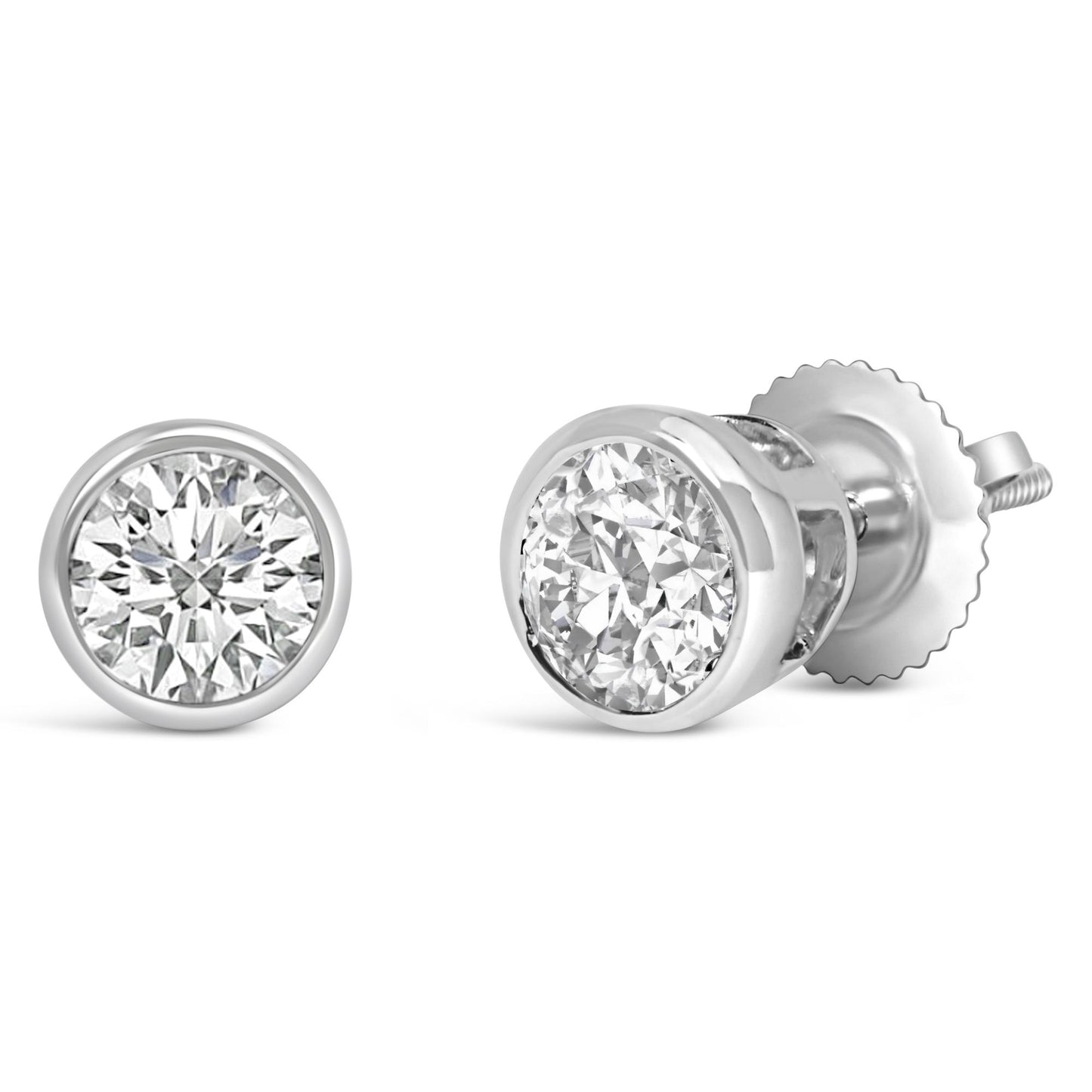 Close-up front and side view of a pair of white metal earrings with round white gemstones in bezel settings.
