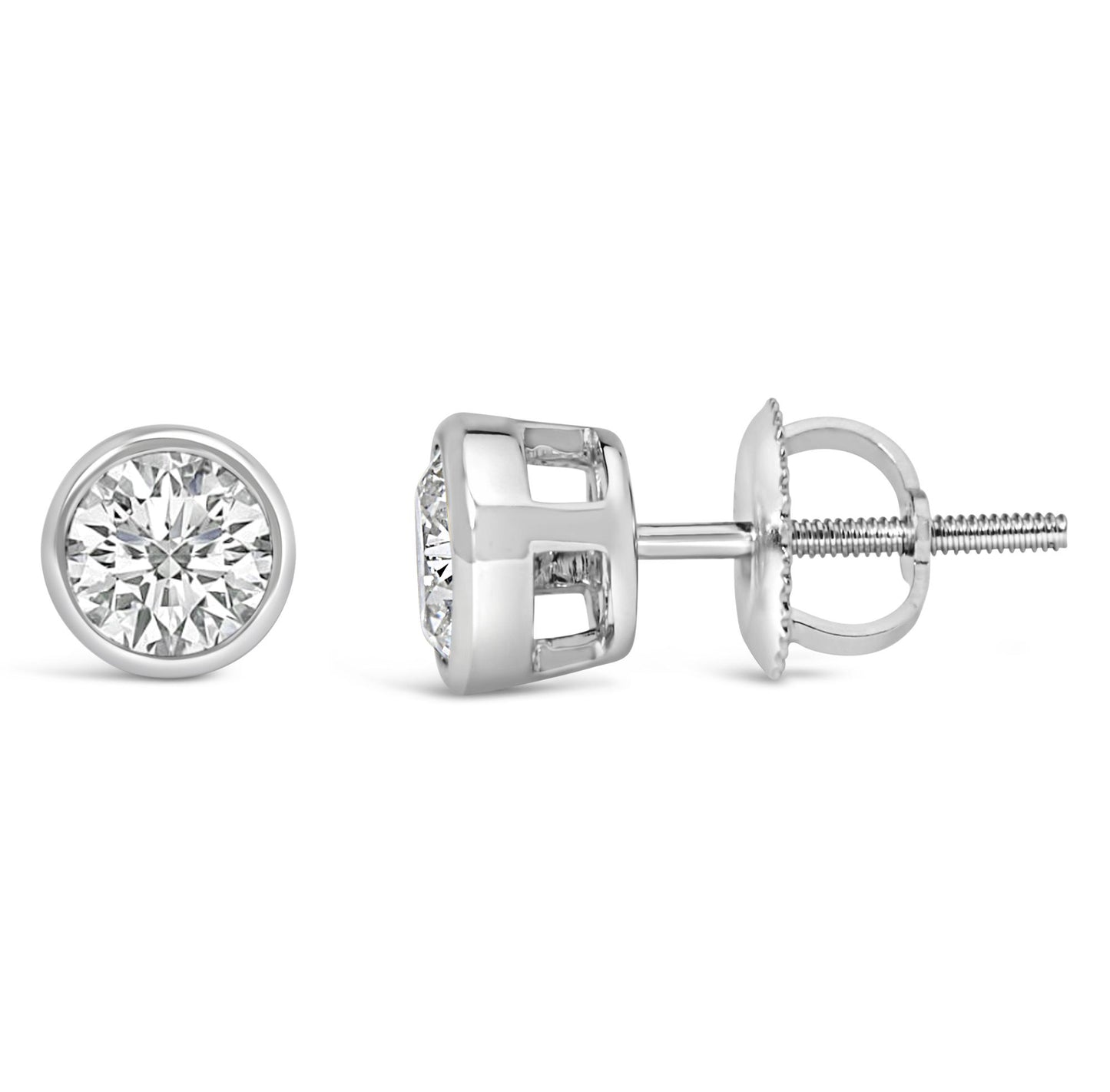 Front and side views of a pair of white metal stud earrings with round white gemstones in bezel settings on a white background.