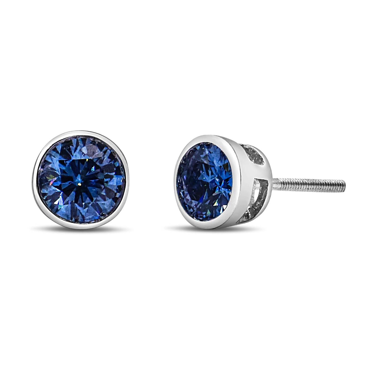 Front and side view of white metal stud earrings with round blue gemstones in bezel settings.