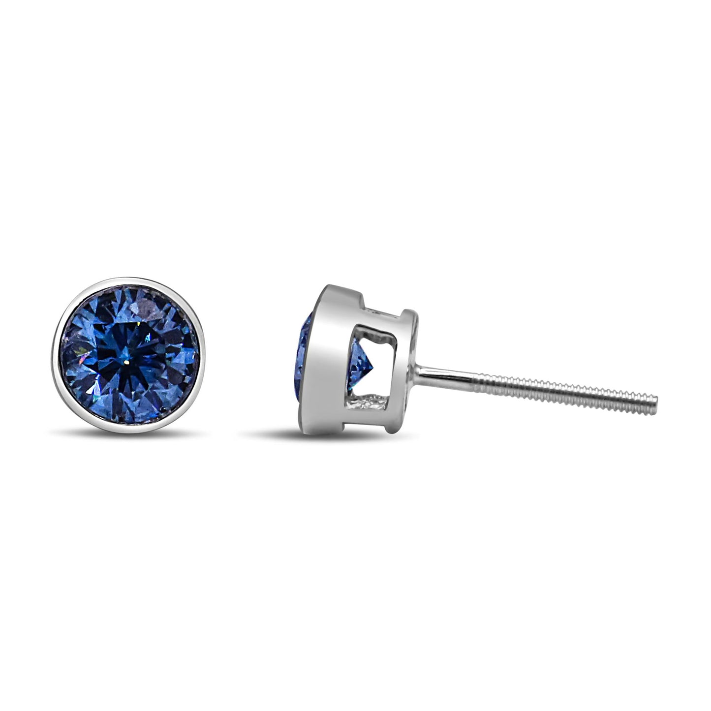 Pair of white metal stud earrings with round blue gemstones in bezel setting, shown from front and side angles on a white background.