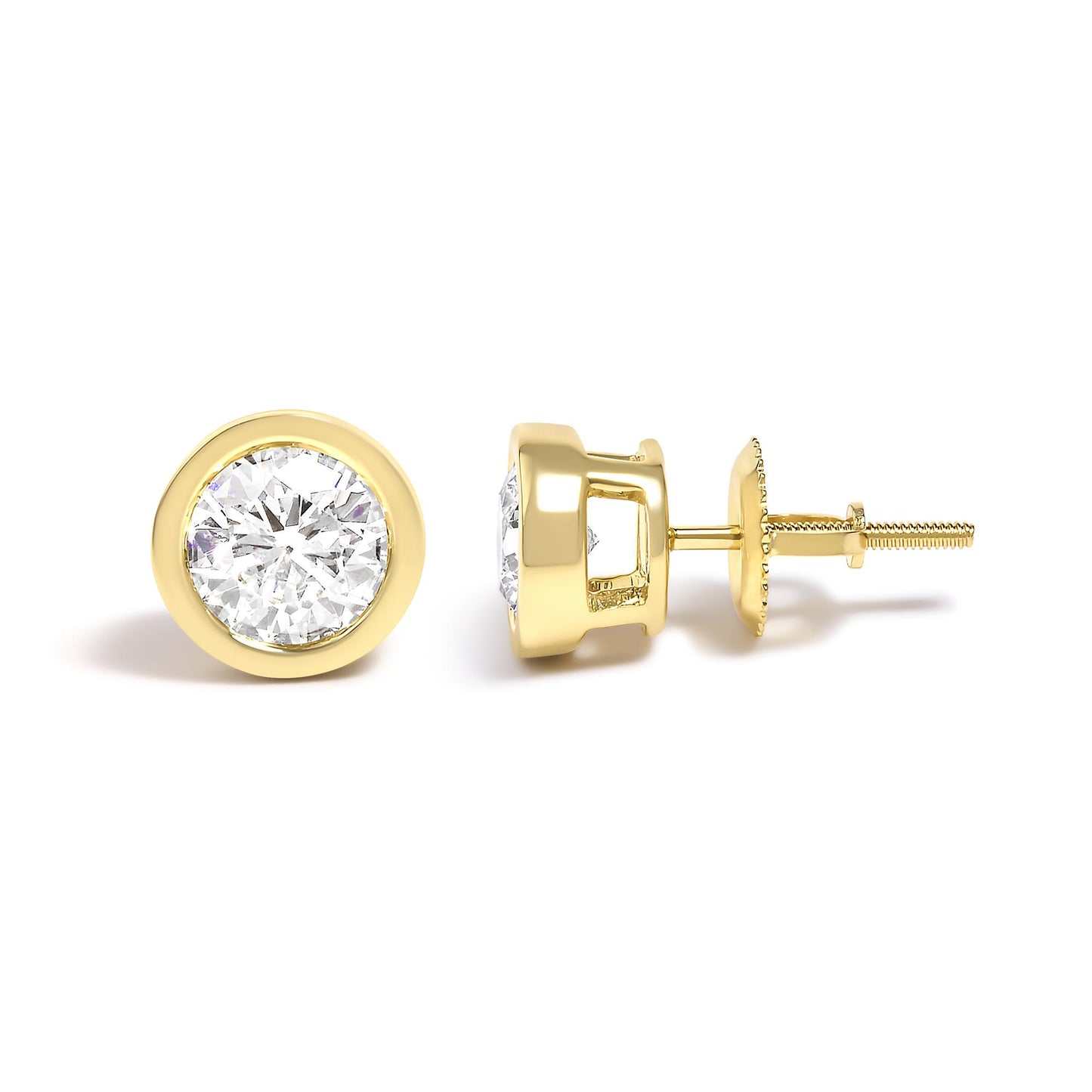 Front and side view of yellow metal stud earrings with round white gemstones in bezel settings.