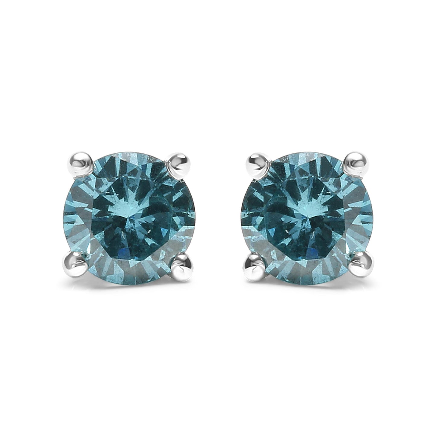Front view of white metal stud earrings featuring round aqua blue gemstones in prong settings.
