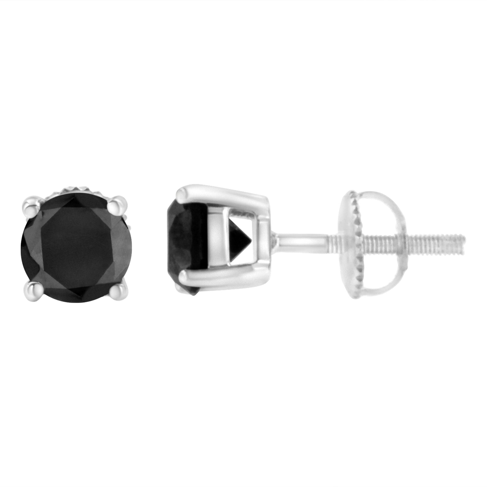 White metal stud earrings with round black gemstones in prong settings, shown from front and side angles on a white background.