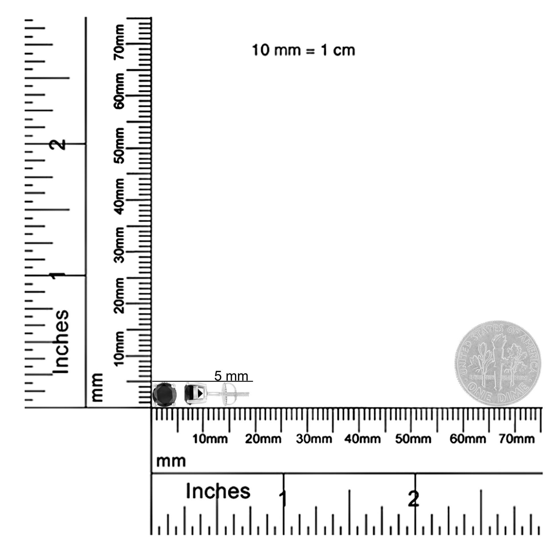 Pair of white metal stud earrings with round black gemstones in prong settings, shown in side and front views on a ruler and scale for size reference.