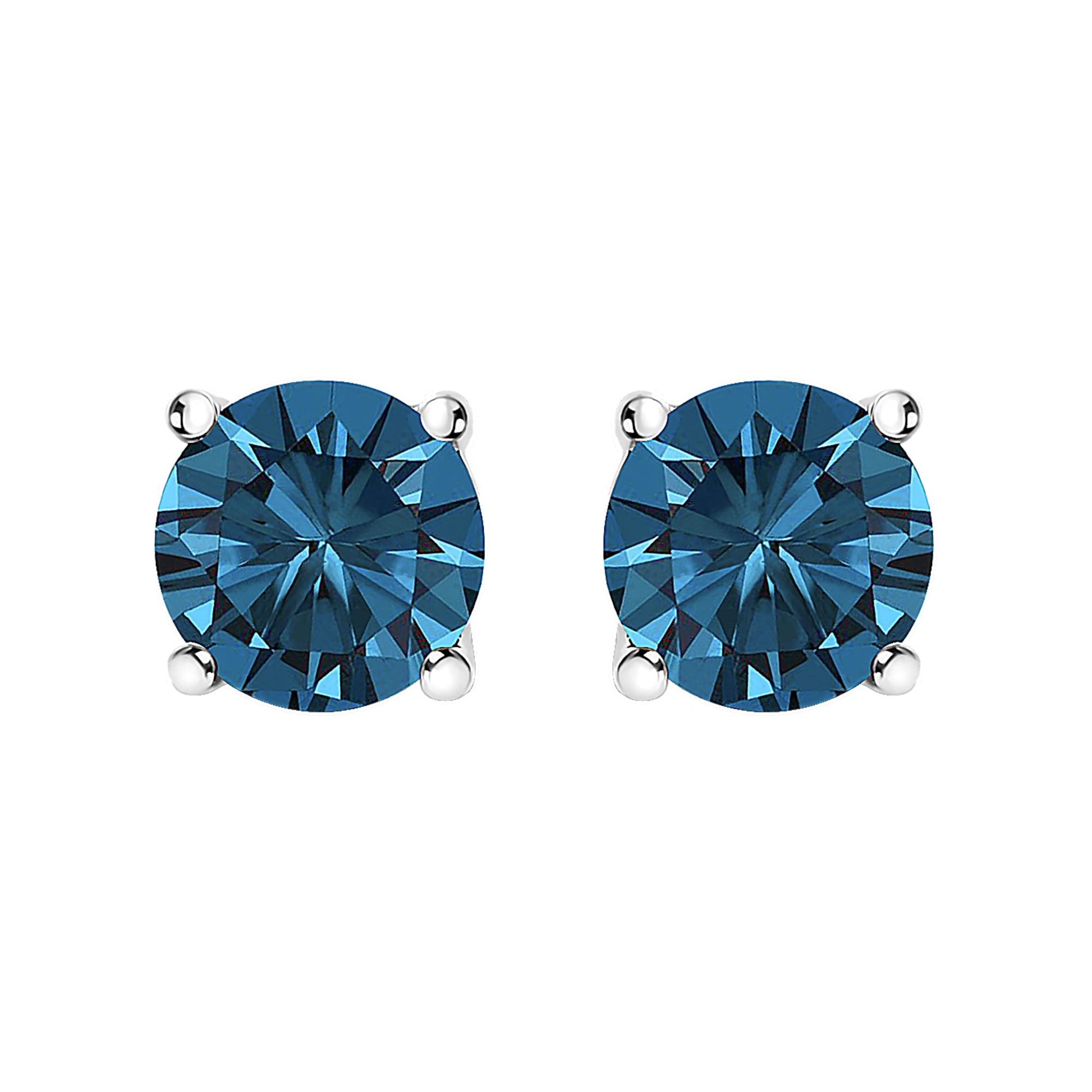 Front view of white metal stud earrings with round blue gemstones in four-prong settings.