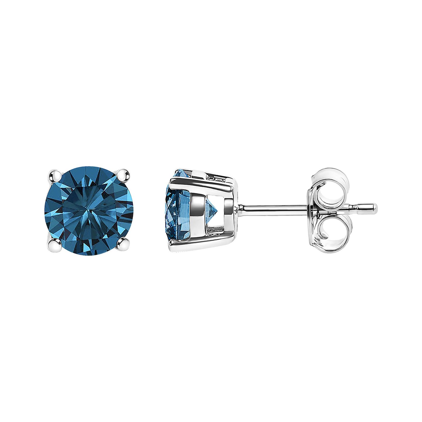 White metal stud earrings with round blue gemstones in 4-prong settings, shown from front and side angles on a white background.
