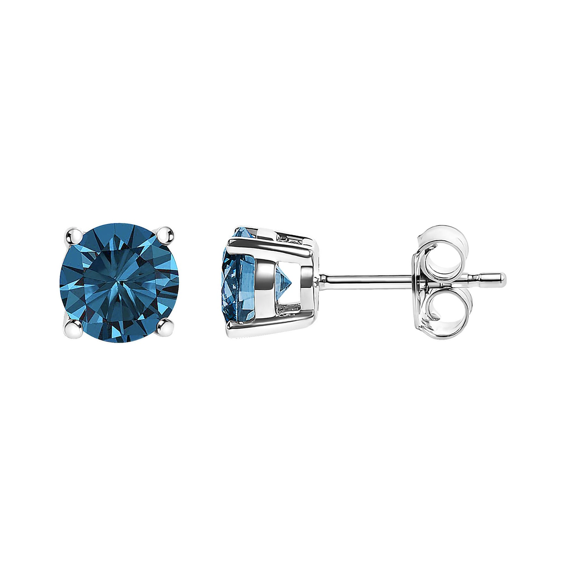 White metal stud earrings with round blue gemstones in 4-prong settings, shown from front and side angles on a white background.