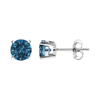 White metal stud earrings with round blue gemstones in 4-prong settings, shown from front and side angles on a white background.
