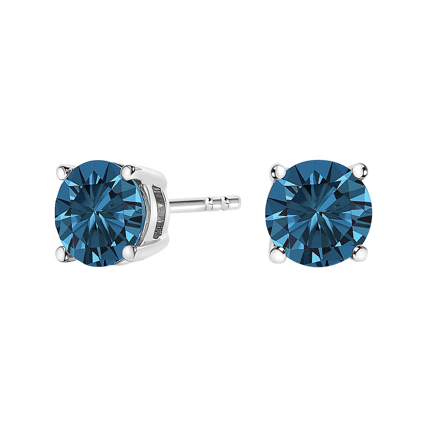 Pair of white metal stud earrings with round blue gemstones in four-prong settings, shown in a front and angled view on a white background.