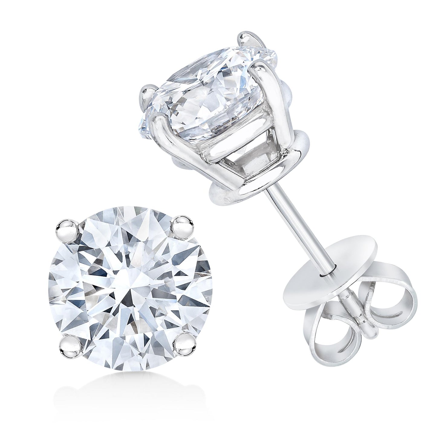 Close-up front and angled view of white metal stud earrings with round white gemstones in 4-prong settings.