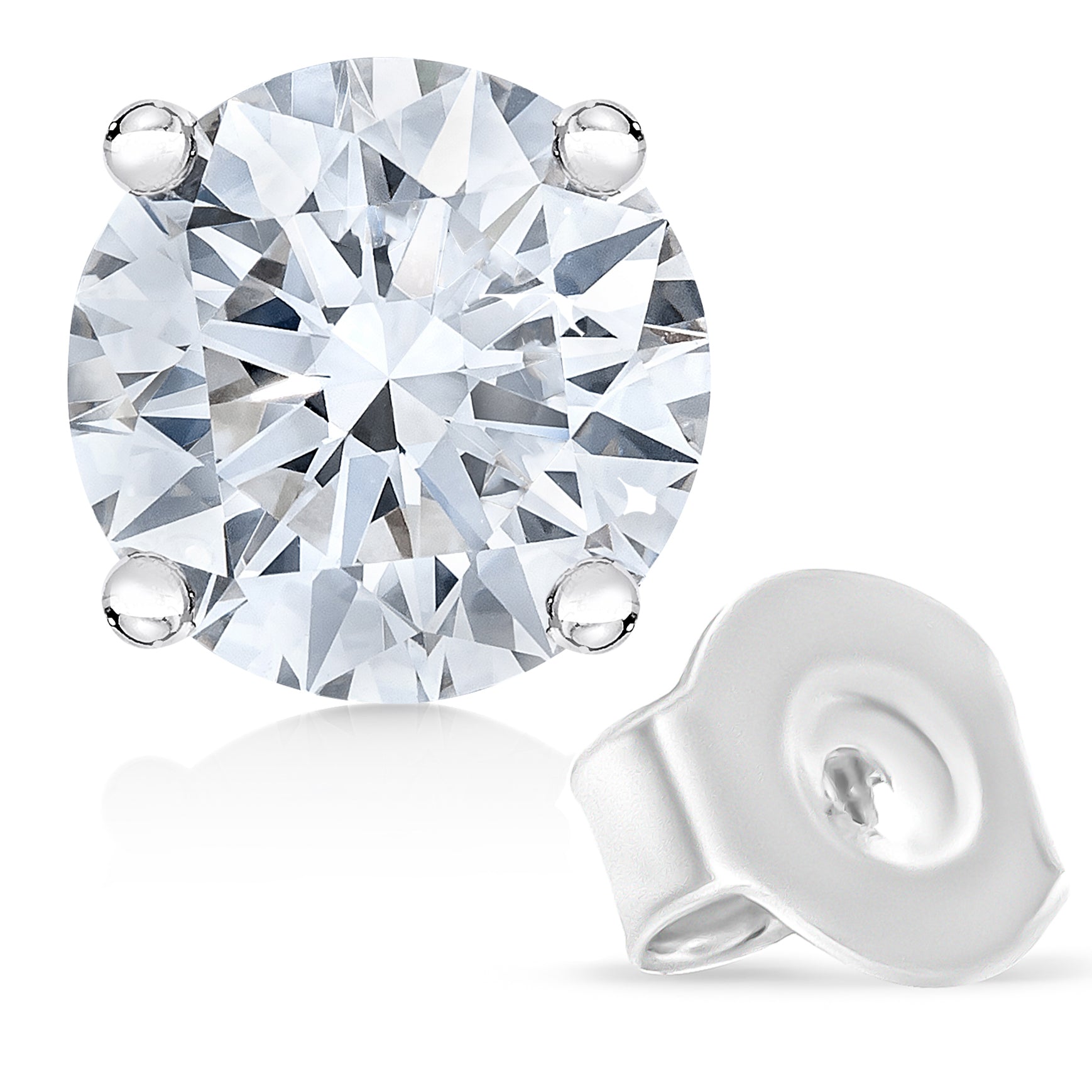 Close-up front and side angled view of a white metal stud earring with a round white gemstone in a four-prong setting.