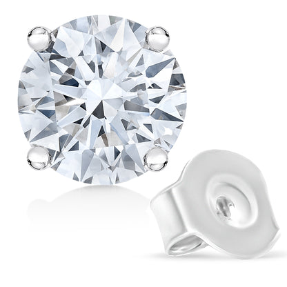Close-up front and side angled view of a white metal stud earring with a round white gemstone in a four-prong setting.