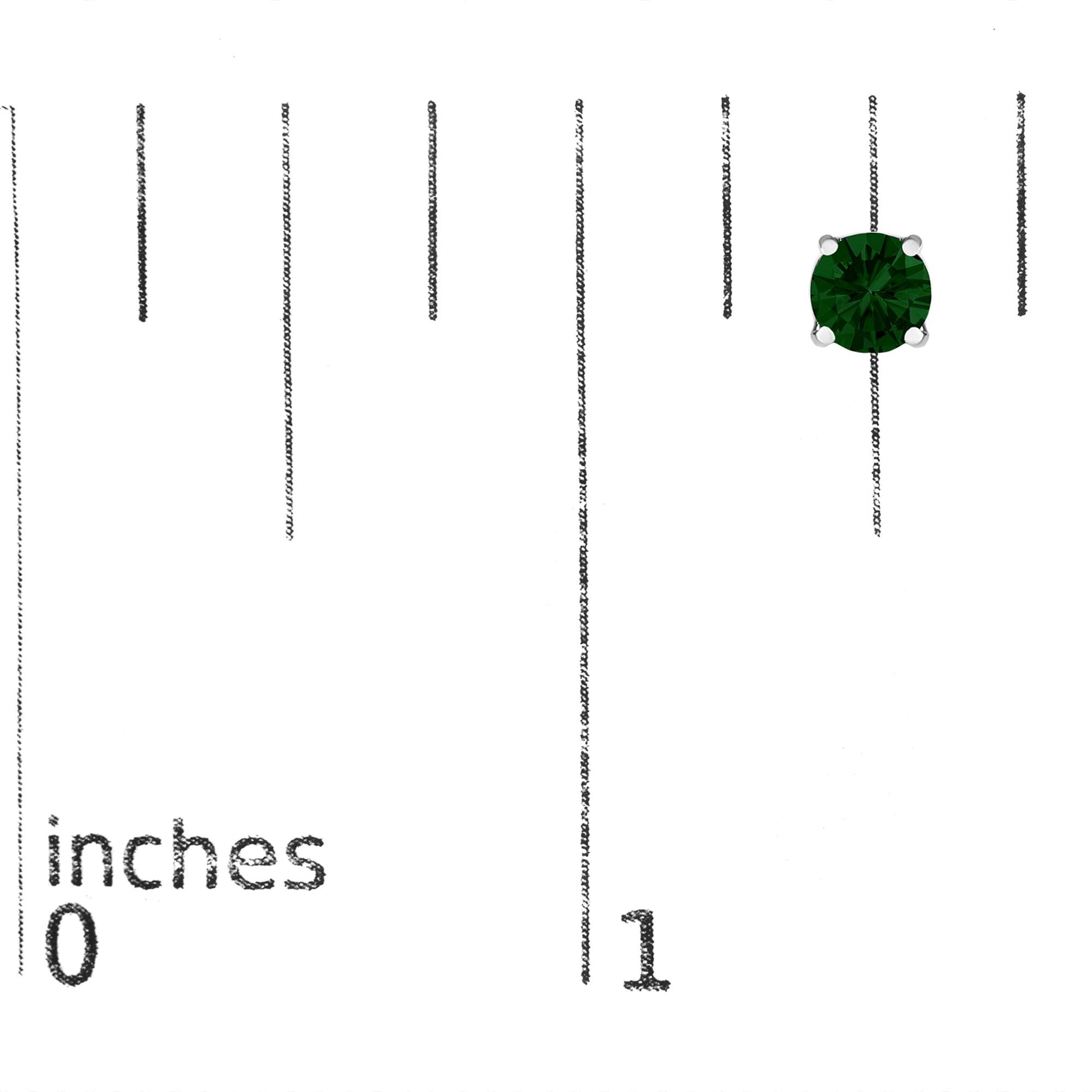 White metal stud earring with a round green gemstone in a four-prong setting shown at close-up angle on a measurement scale.