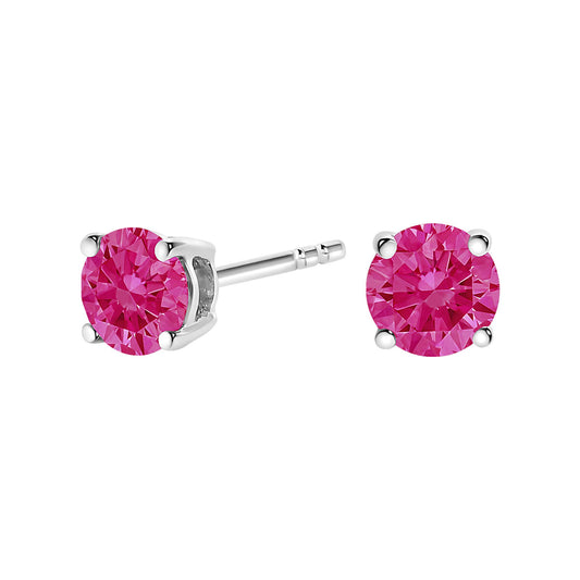 White metal stud earrings with round pink gemstones in four-prong settings, shown from a front and side angle.
