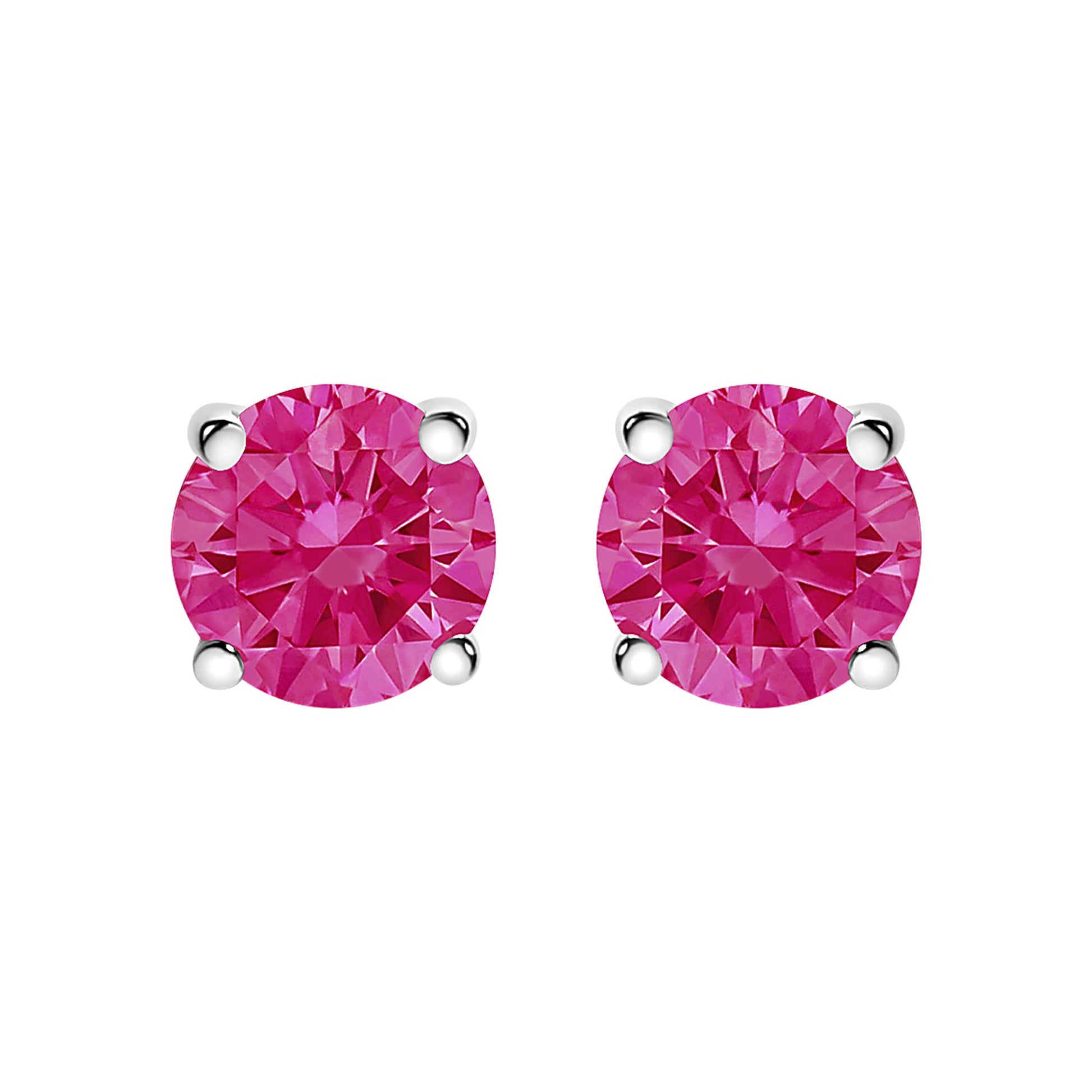 Front view of a pair of white metal stud earrings, each featuring a round pink gemstone in a four-prong setting.