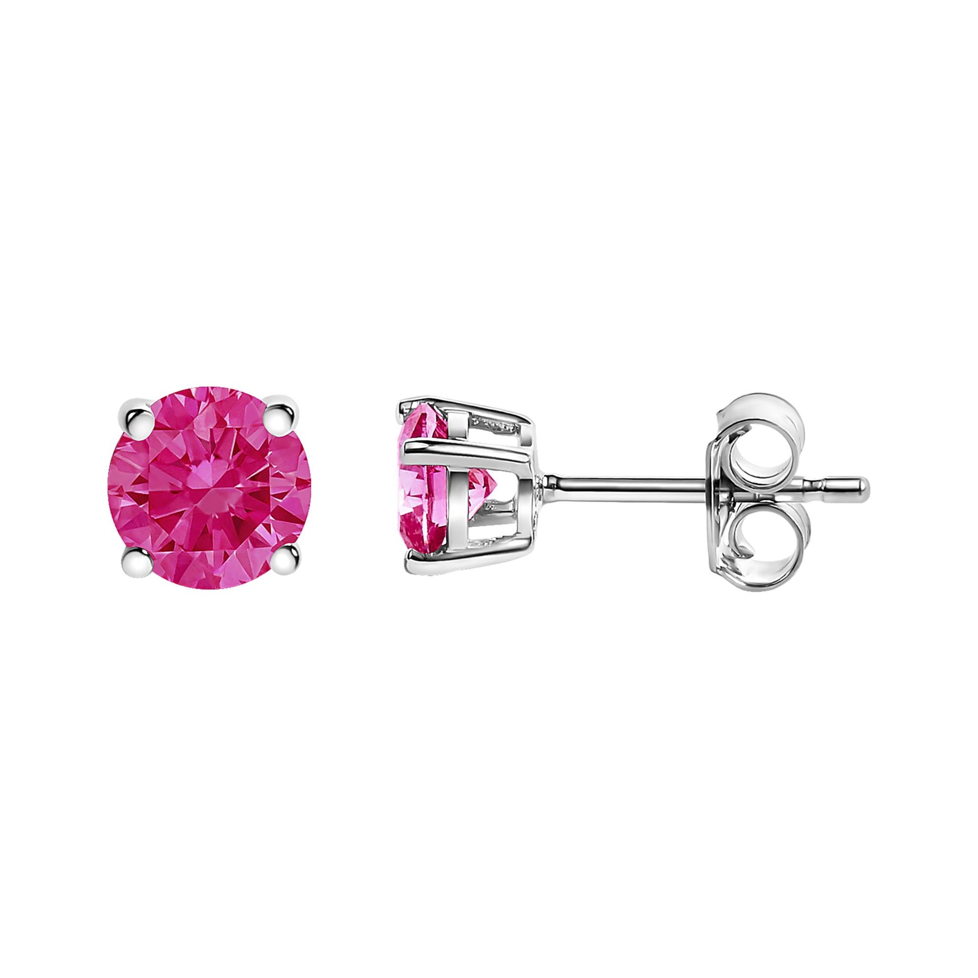 Front and side views of a pair of white metal stud earrings with round pink gemstones in four-prong settings, shown against a white background.