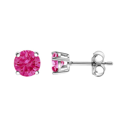 Front and side views of a pair of white metal stud earrings with round pink gemstones in four-prong settings, shown against a white background.