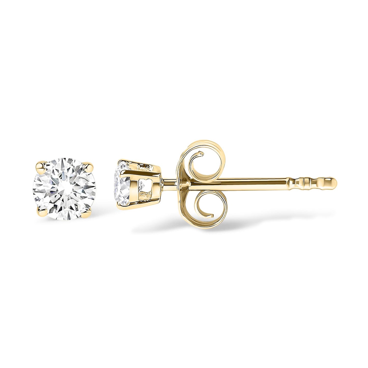 Close-up side and front angle view of a yellow metal stud earring with a round white gemstone in a four-prong setting.