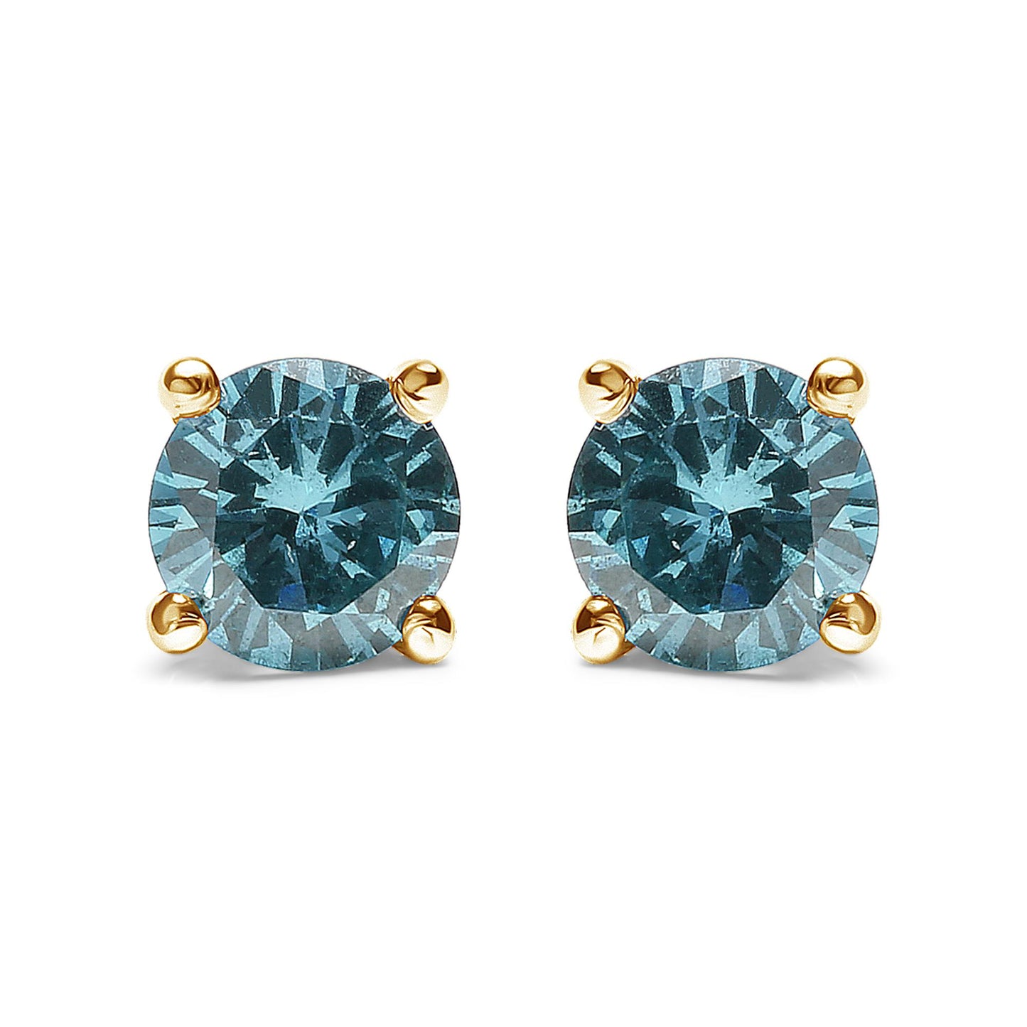 Front view of yellow metal stud earrings with round aqua blue gemstones in prong settings.