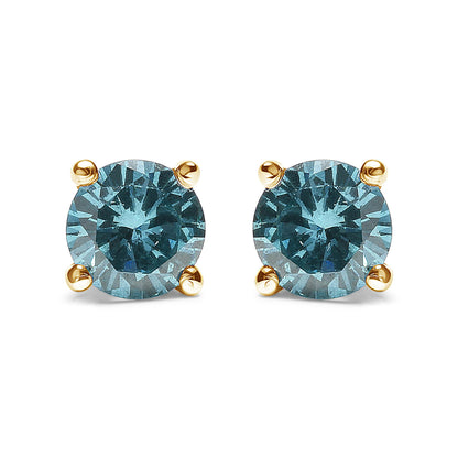 Front view of yellow metal stud earrings with round aqua blue gemstones in prong settings.