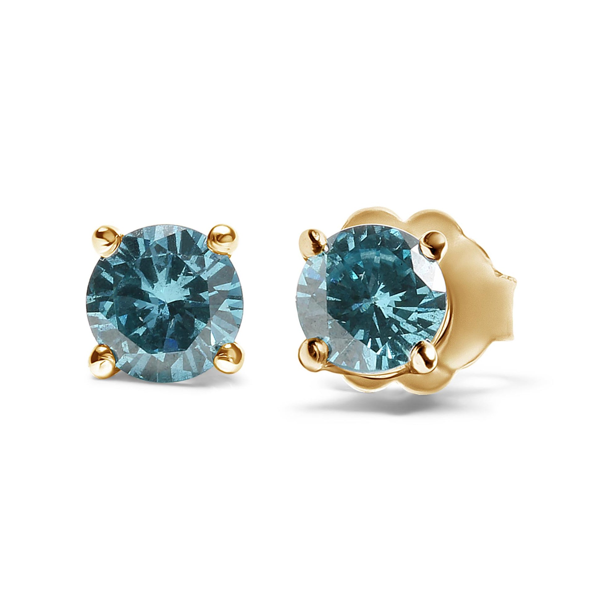 Pair of yellow metal stud earrings with round aqua blue gemstones in prong settings, shown from a front angle.