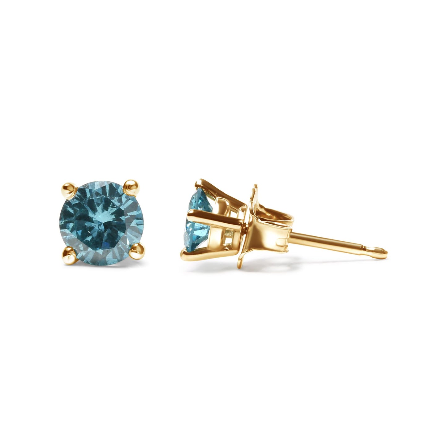 Pair of yellow metal stud earrings with round aqua blue gemstones in prong settings, shown from front and side angles on a white background.