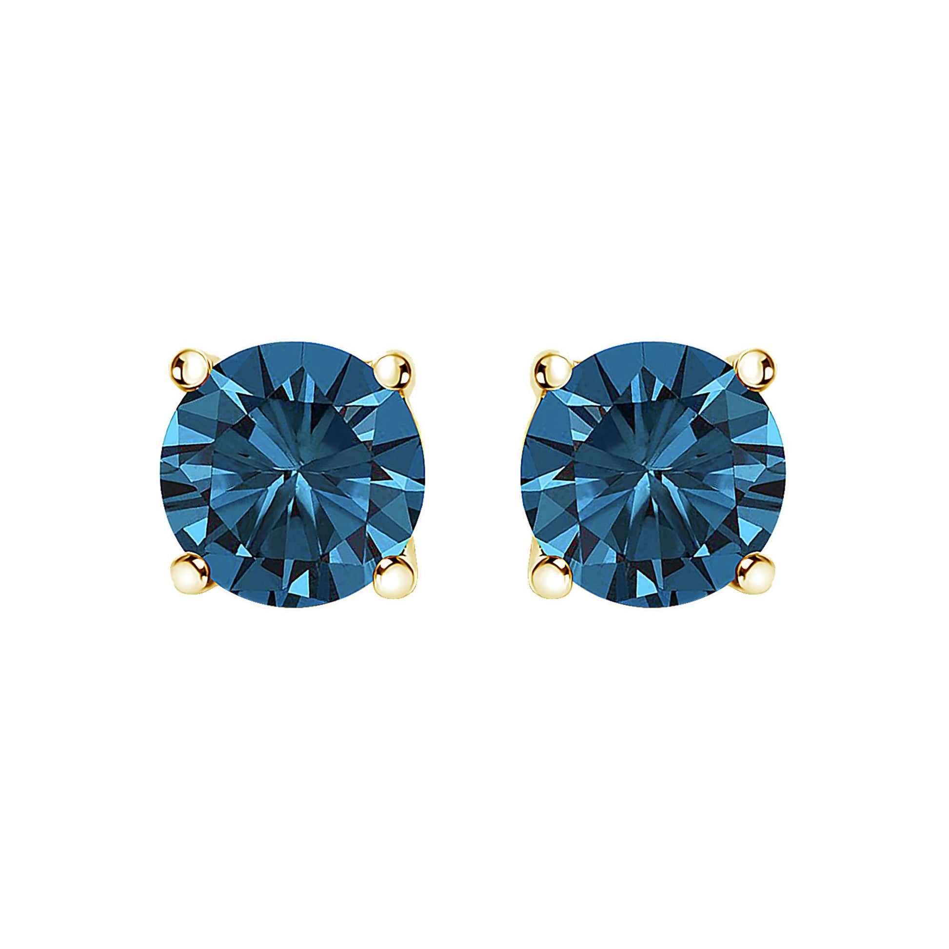 Front view of yellow metal stud earrings with round blue gemstones in four-prong settings.