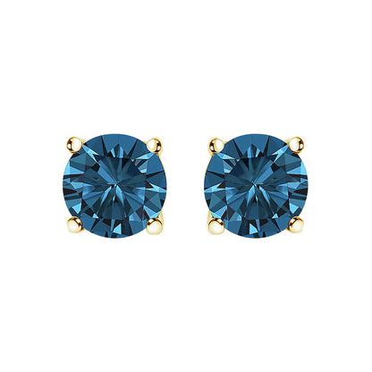 Front view of yellow metal stud earrings with round blue gemstones in four-prong settings.