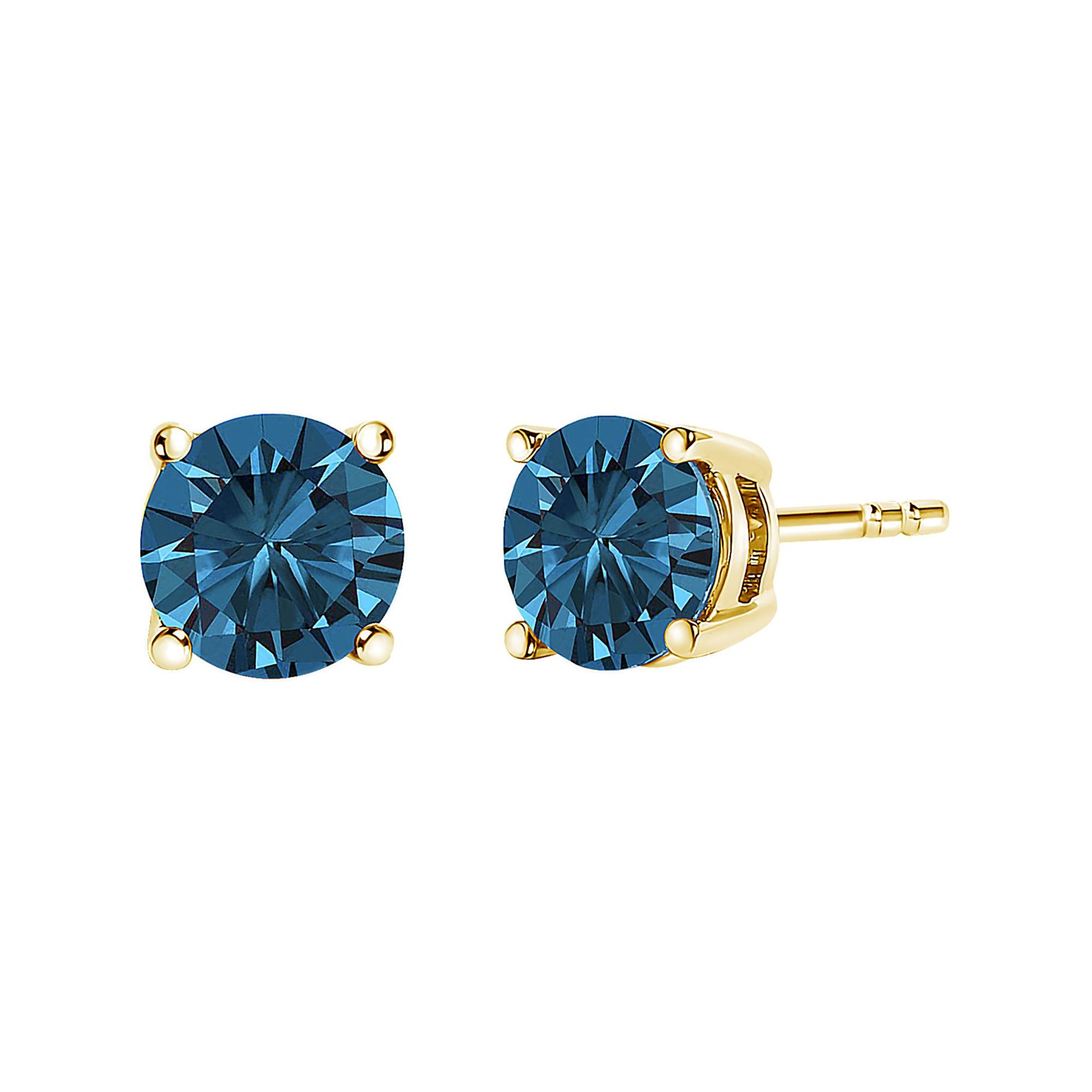 Yellow metal stud earrings with round blue gemstones in four-prong settings, shown from a front and side angle on a white background.