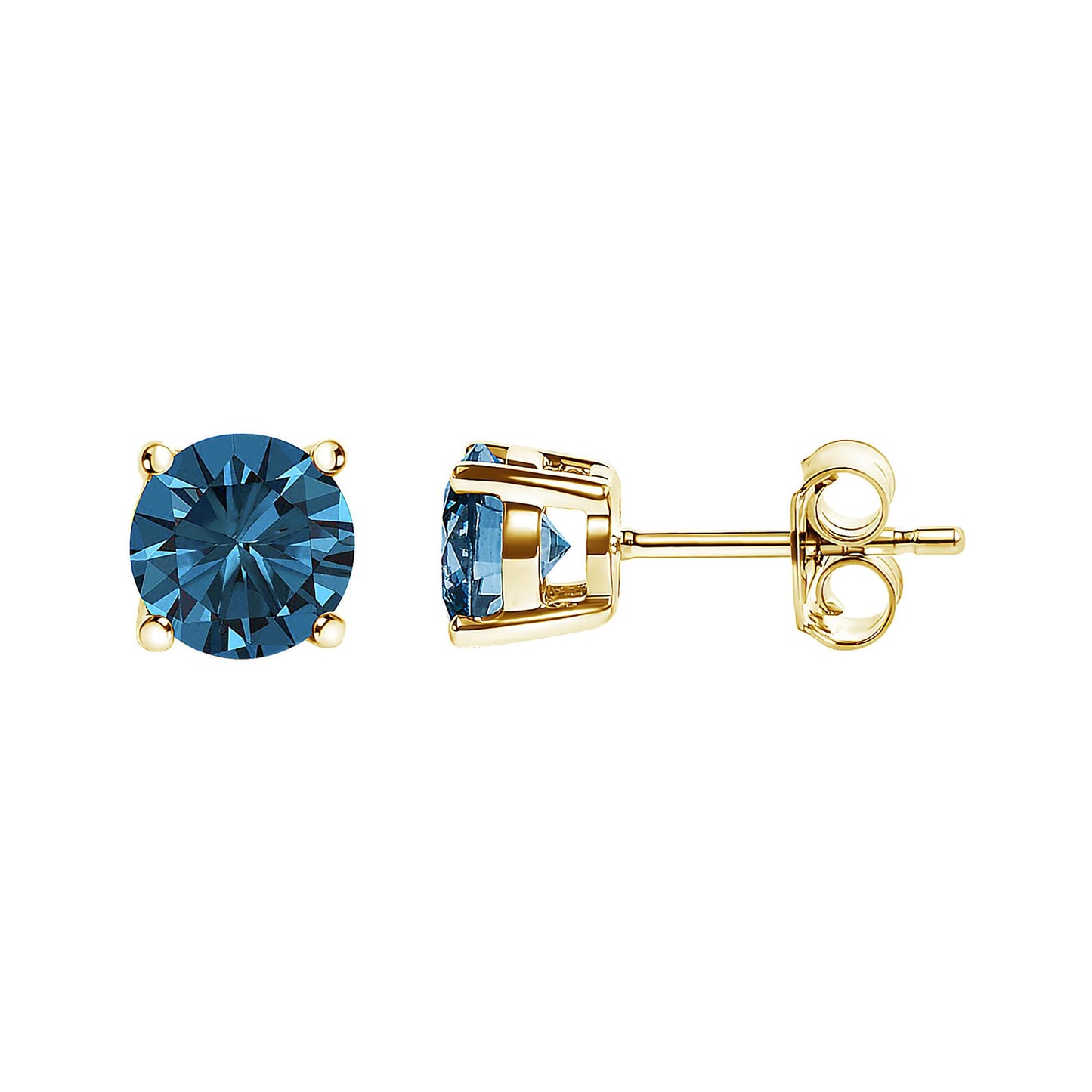 Front and side view of yellow metal stud earrings with round blue gemstones in 4-prong settings.